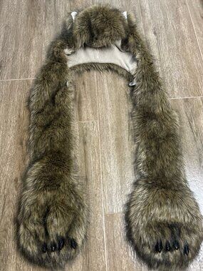 Faux Fur Wolf Hat Scarf Mittens Hood Animal Ears Winter Cosplay